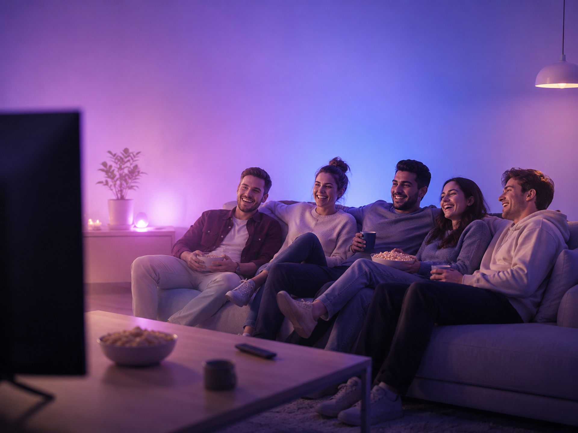 Un groupe d’amis regarde la télévision ensemble et en toute flexibilité