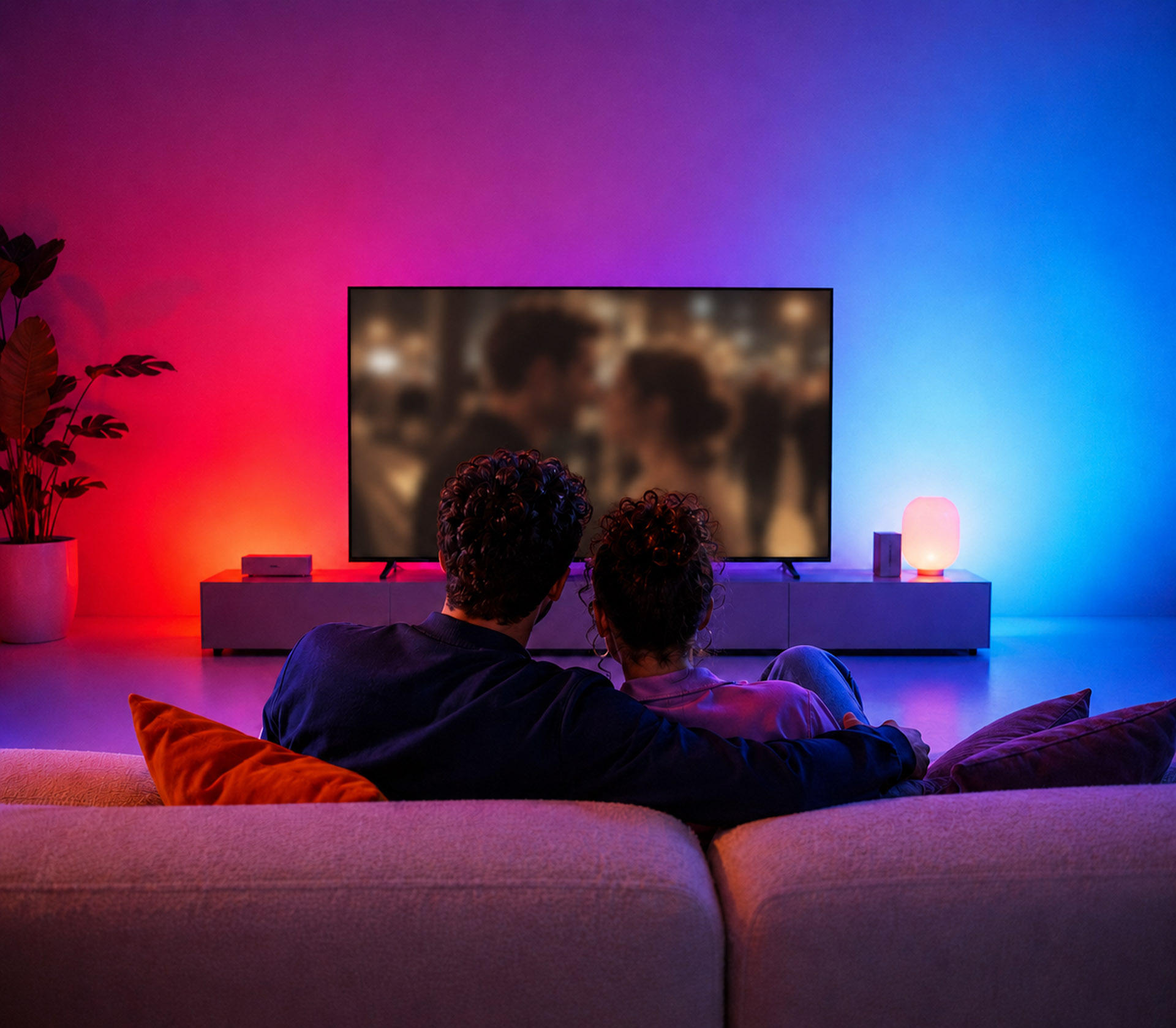A couple relaxing as they watch an emotional TV moment