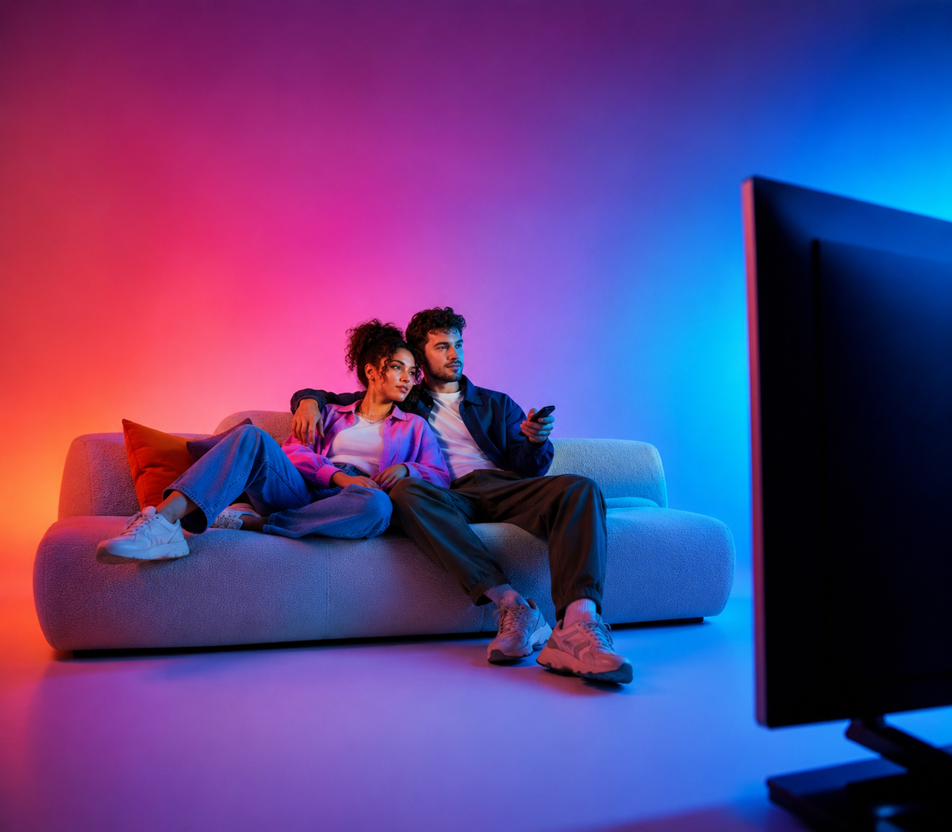 A couple sitting in front of a large television