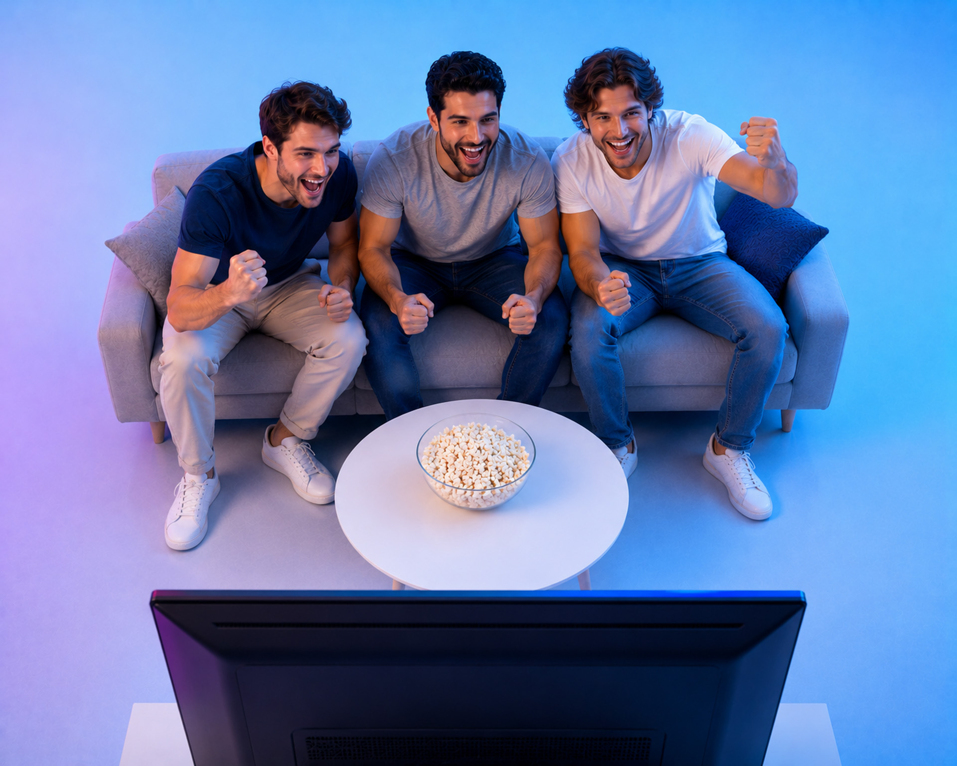 Three men cheering in front of the television
